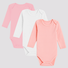 Pamučni bodići za bebe dugi rukav set od 3 - Puder, Bela. Kajsija