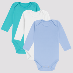 Pamučni bodići za bebe dugi rukav set od 3 - Tirkiz, Bela, Plava
