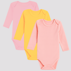 Pamučni bodići za bebe dugi rukav set od 3 - Puder, Žuta, Kajsija