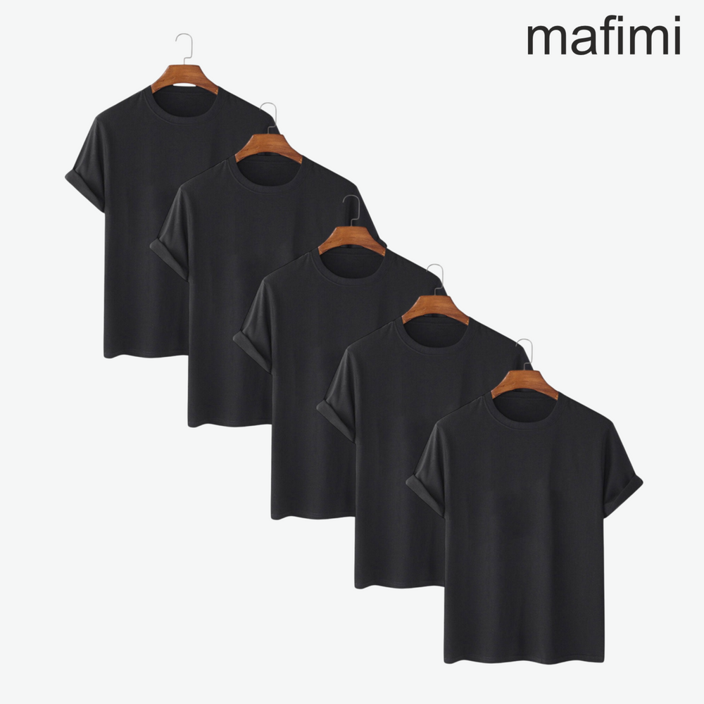 Five black t-shirts on hangers with 'mafими' brand name above on a white background