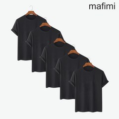Five black t-shirts on hangers with 'mafими' brand name above on a white background