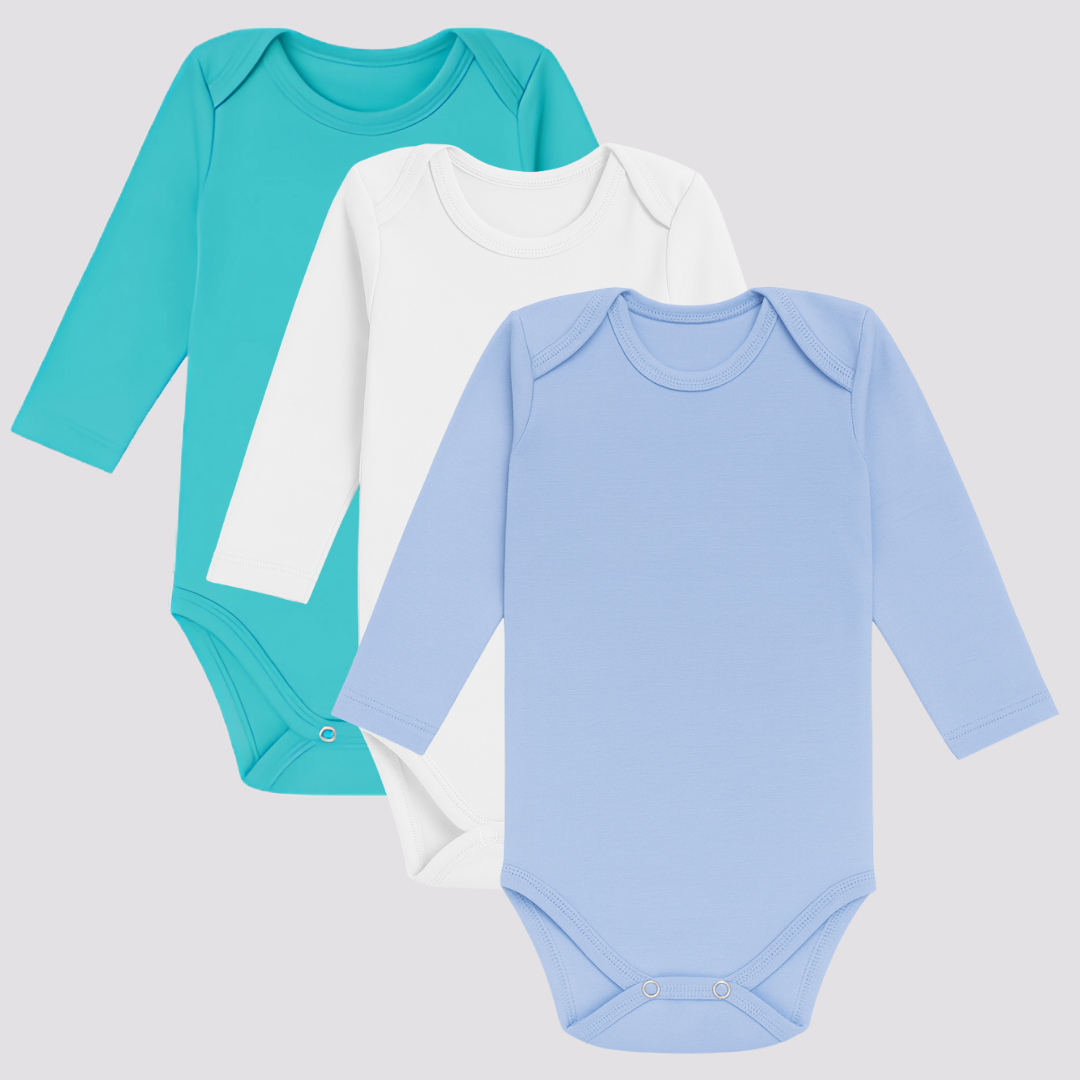 Pamučni bodići za bebe dugi rukav set od 3 - Tirkiz, Bela, Plava